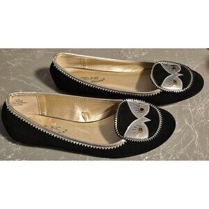 Madeline Stuart Black Gold Silver Flats With Owl Face,Size 8.5W